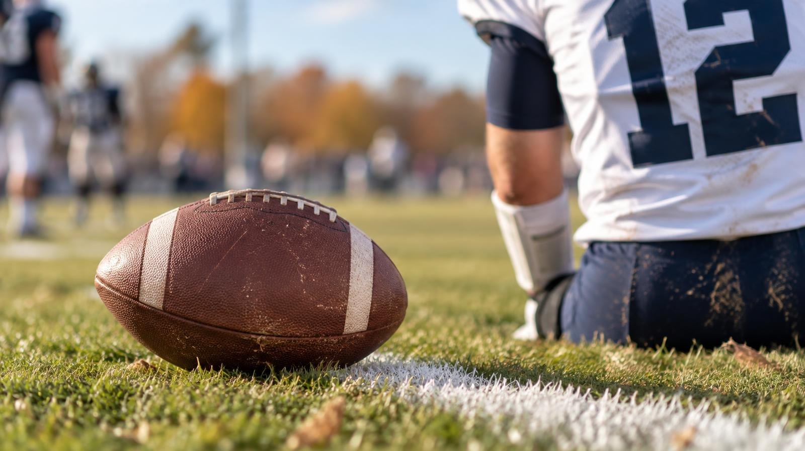 An American football resting on green grass next to a white yard line.