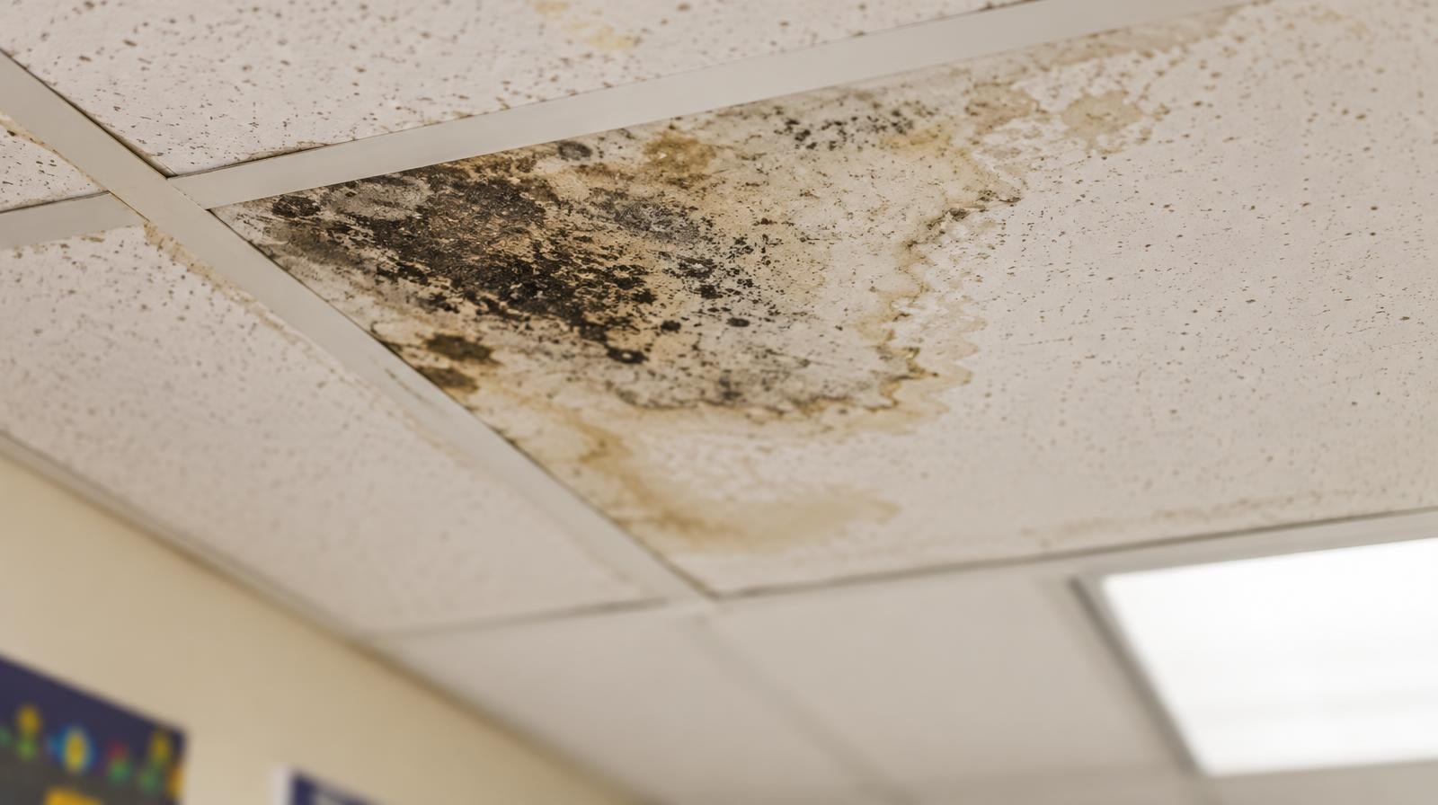 Close-up of dark mold growth and water staining on a white ceiling tile.