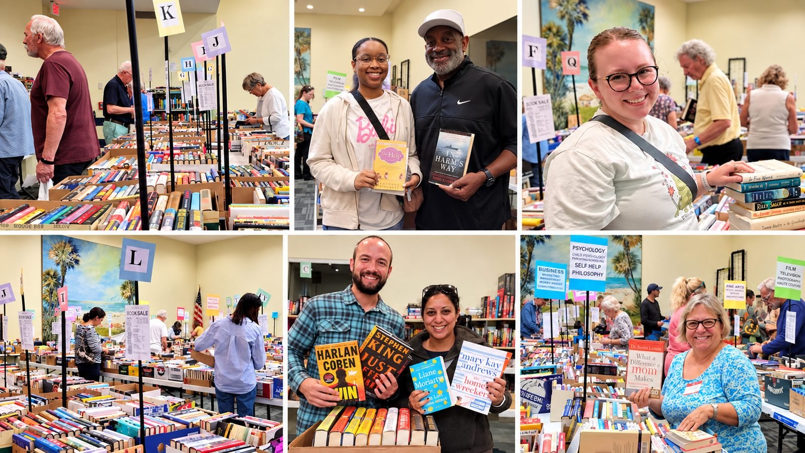 People browsing and holding books at an indoor used book sale with alphabetical section signs.
