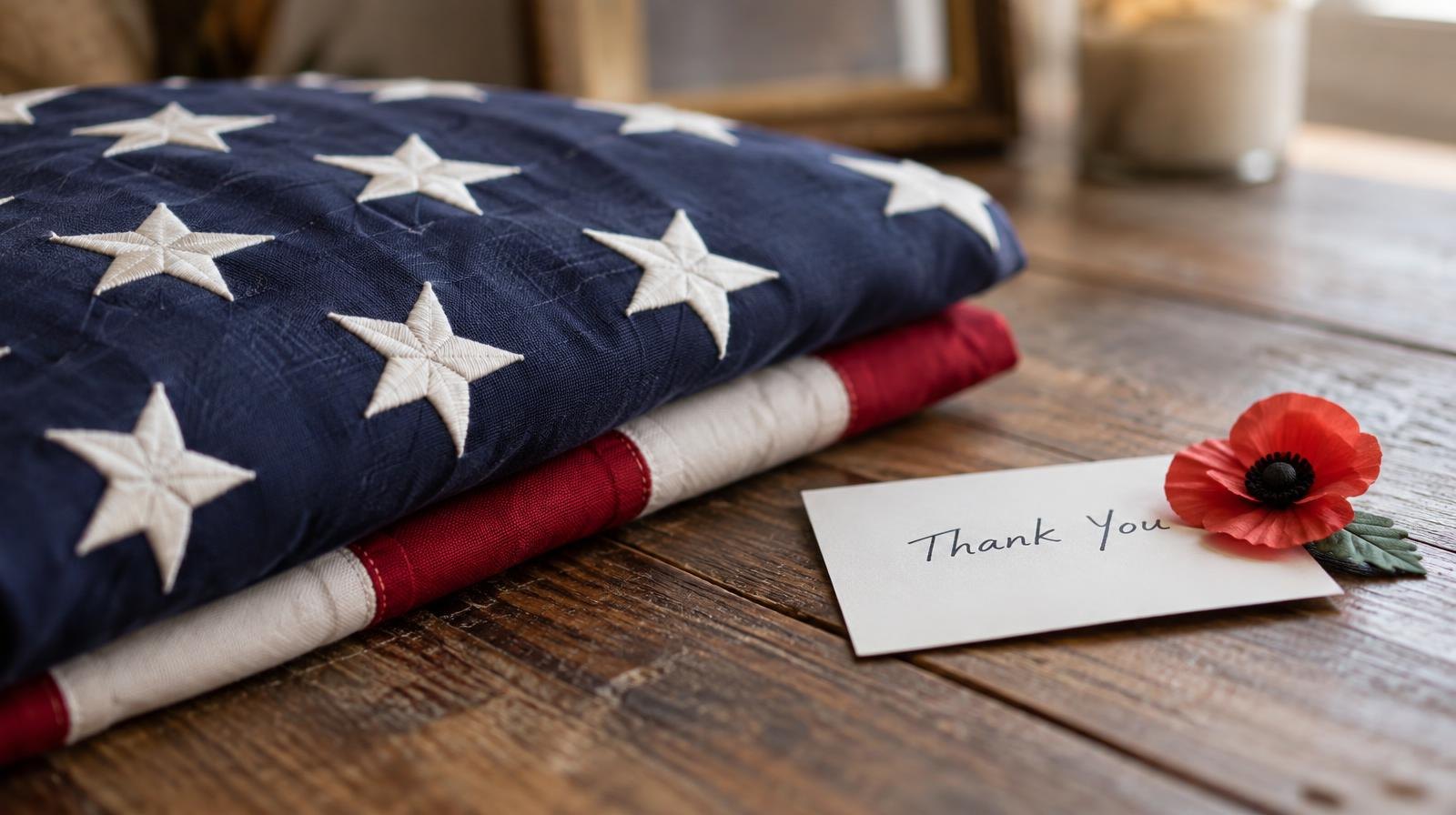 A folded American flag on a wooden surface beside a paper poppy and a card.