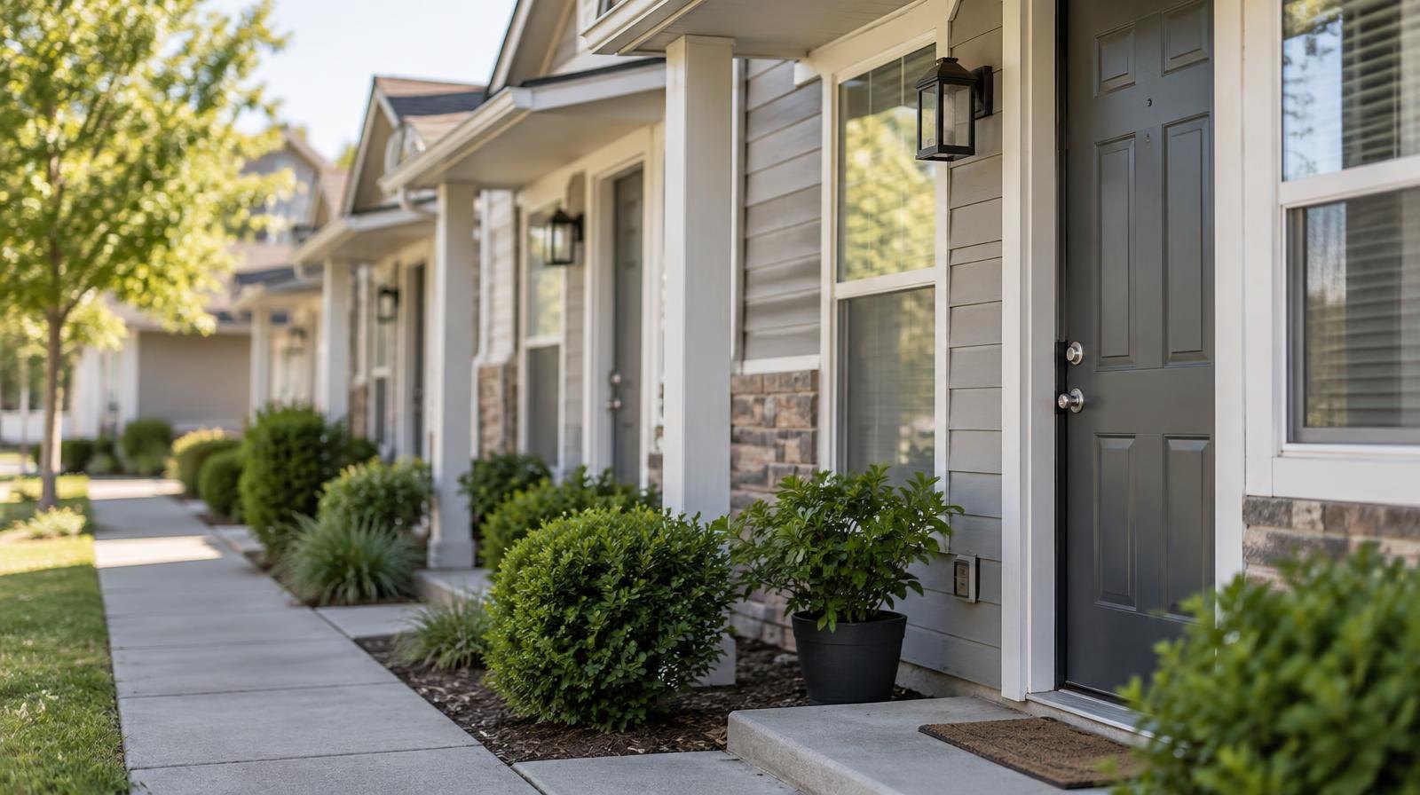 A row of small apartment units with matching front doors and landscaping along a sunny sidewalk.