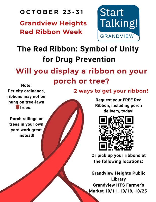 Promotional flyer for Red Ribbon Week featuring a red ribbon graphic and pickup details.