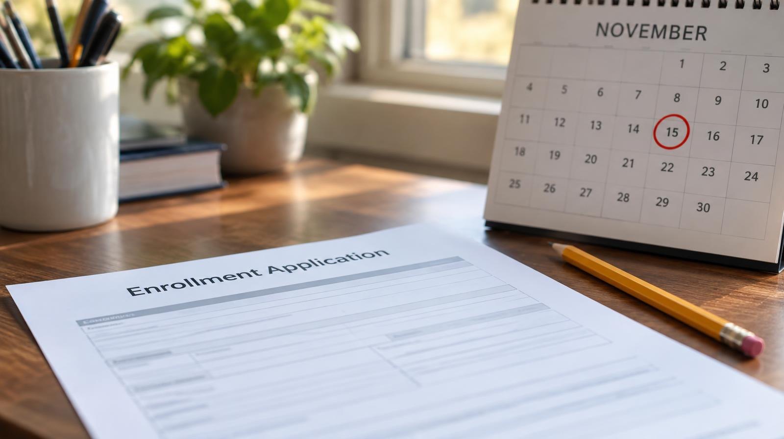 A pencil and calendar resting on a desk beside papers, with a date circled in red.