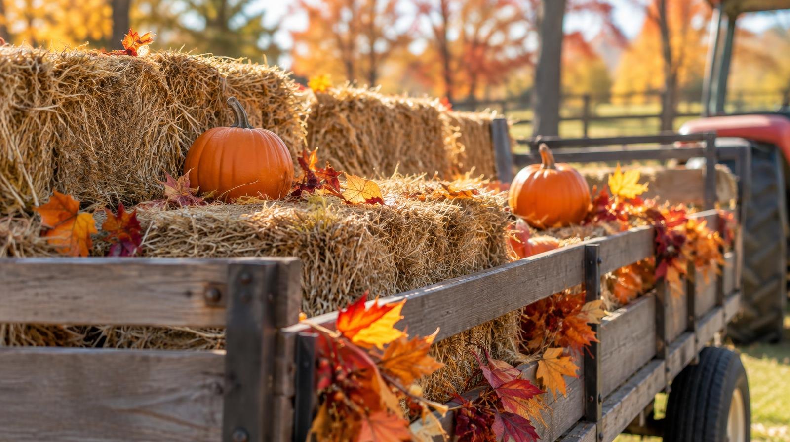 Wooden hay wagon with straw bales and carved pumpkins surrounded by autumn foliage.