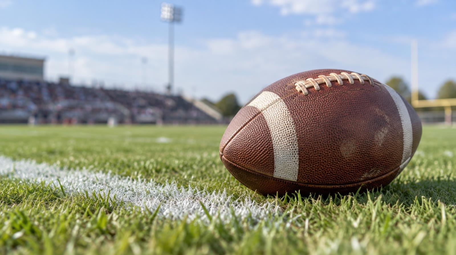 An American football resting on green grass beside a white painted yard line.