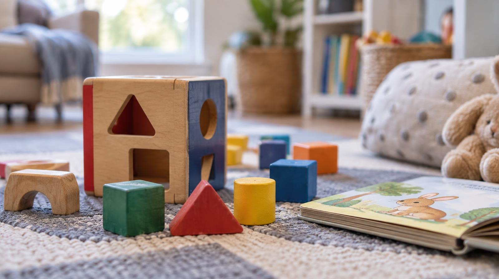 Colorful toy blocks, a shape-sorter, and a small picture book on a play mat.