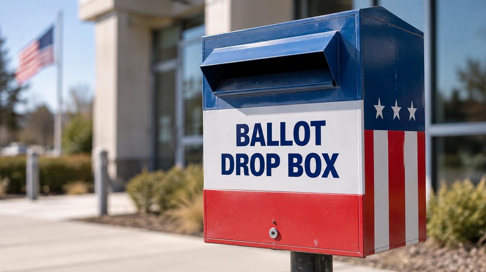 A red, white, and blue ballot drop box mounted on a post outside a building.