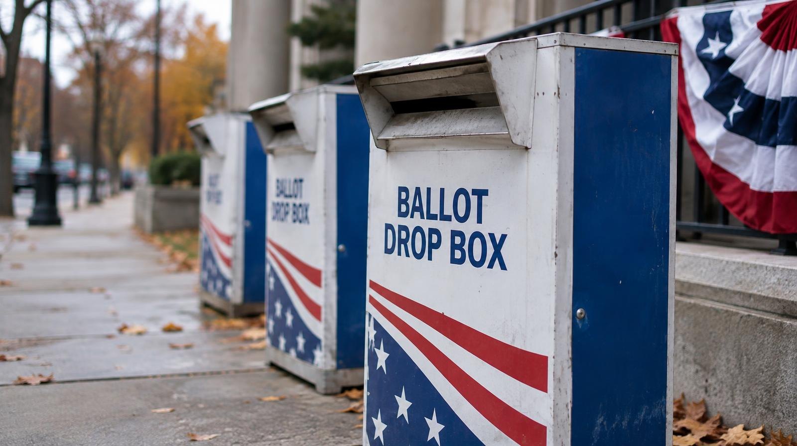 A row of official election ballot drop boxes lined up on an urban sidewalk.