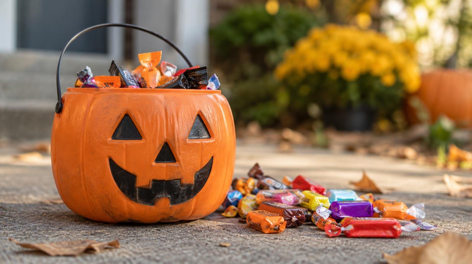 Orange jack-o-lantern bucket filled with colorful Halloween candy on a sidewalk.