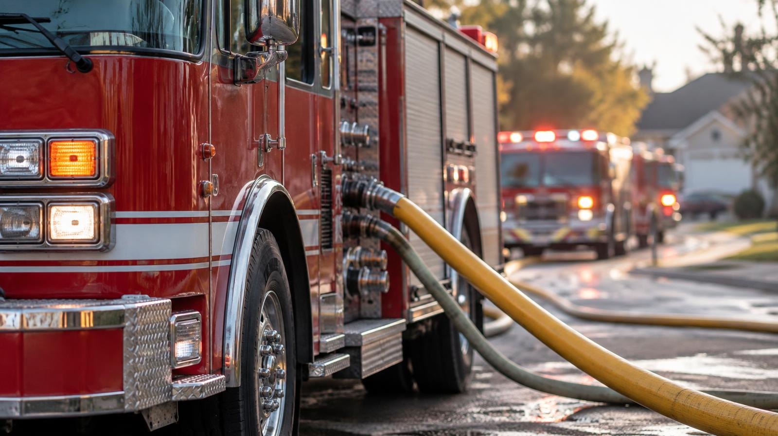 Red fire engine with hose lines extended from its pump panel on a street.