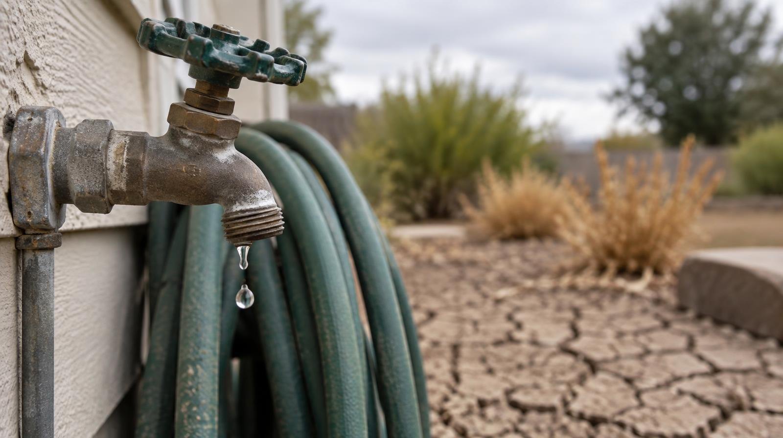 Outdoor water spigot with coiled garden hose beside dry, cracked soil.