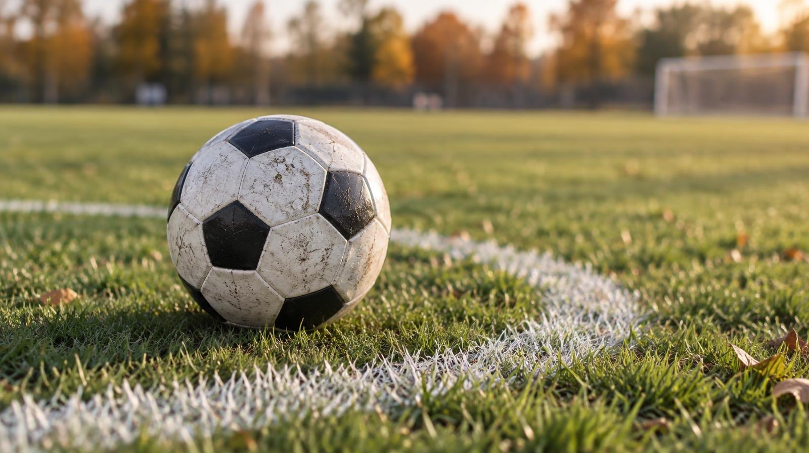 A soccer ball resting on the painted center circle of a green grass field.