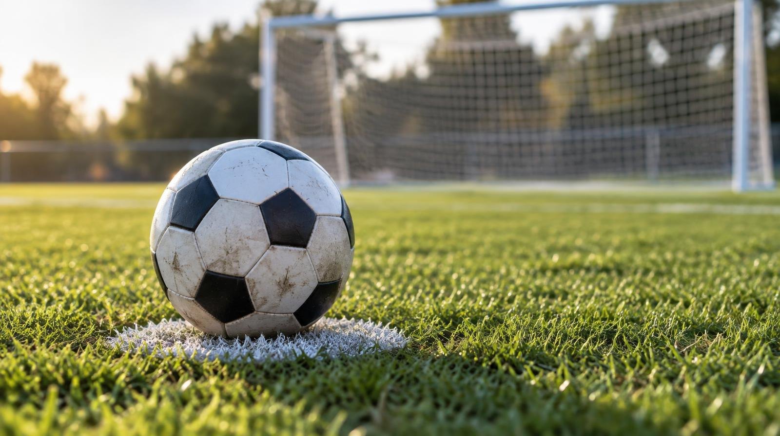 A soccer ball on a grass field with a goal net in the background.