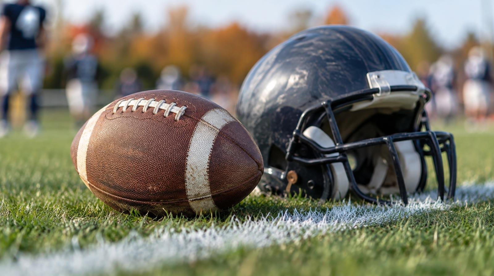 An American football and helmet resting on green grass beside a white yard line.