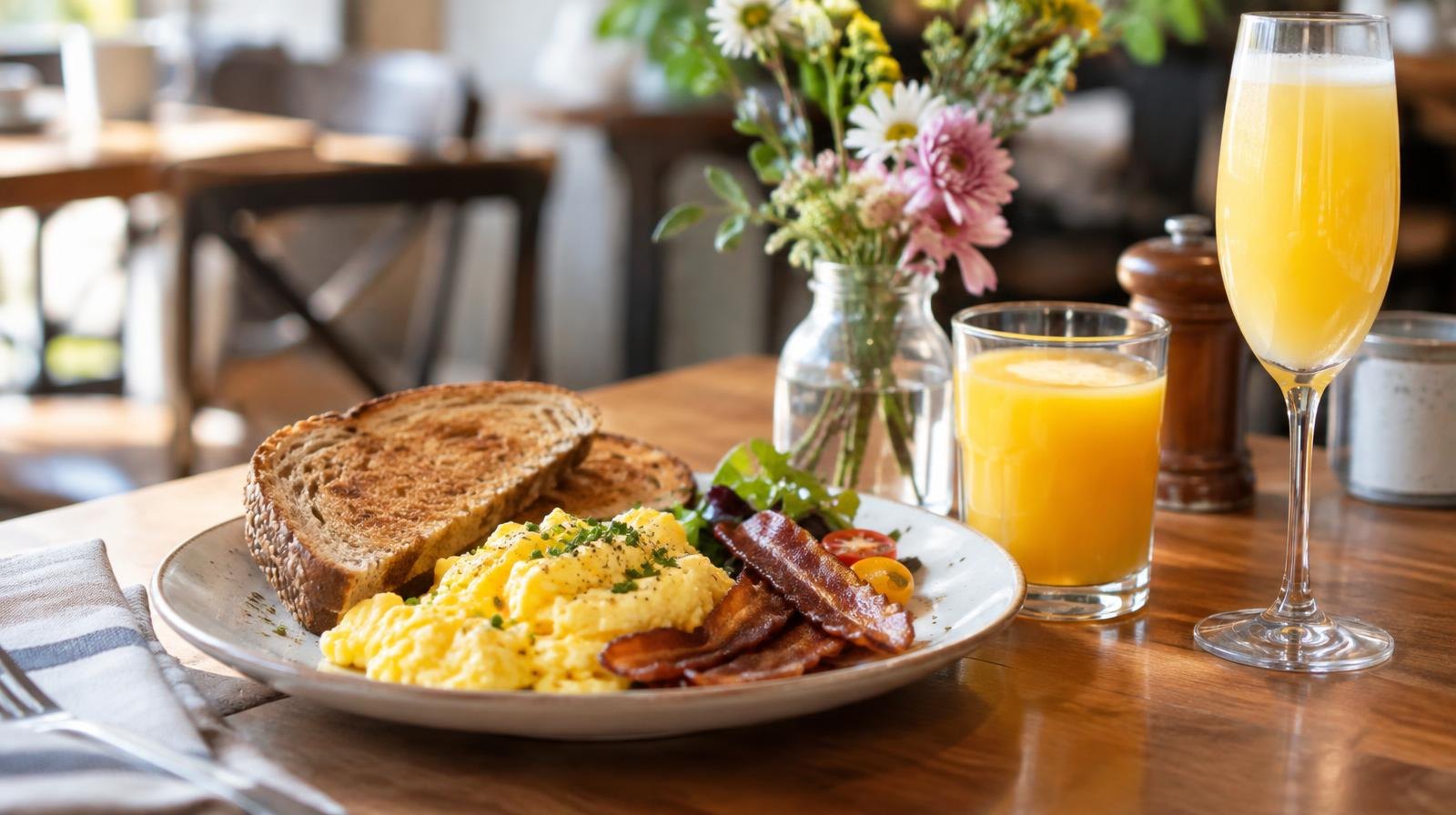 Breakfast plate with eggs and toast beside a champagne flute of mimosa on a café table.