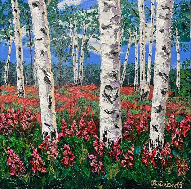Textured painting of white birch trees with red and pink wildflowers in thick impasto brushwork.