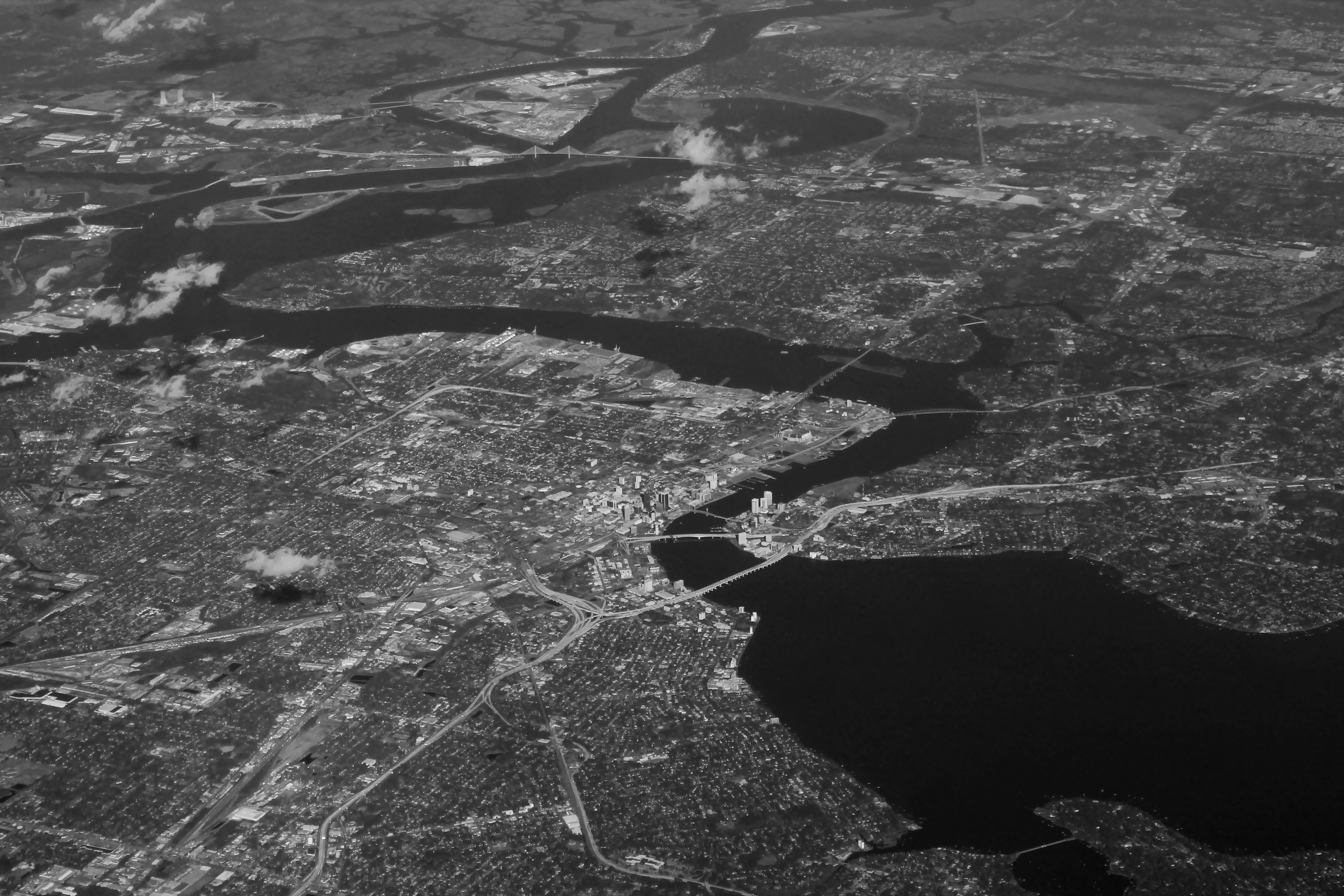 Aerial view of Jacksonville and the St. Johns River, with multiple waterways.