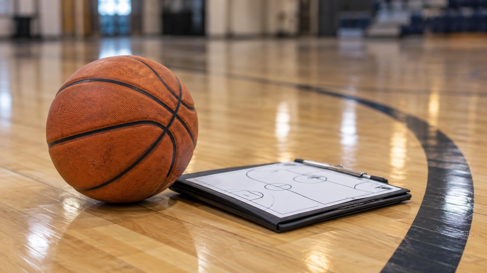 A basketball and clipboard resting on a hardwood gym floor.