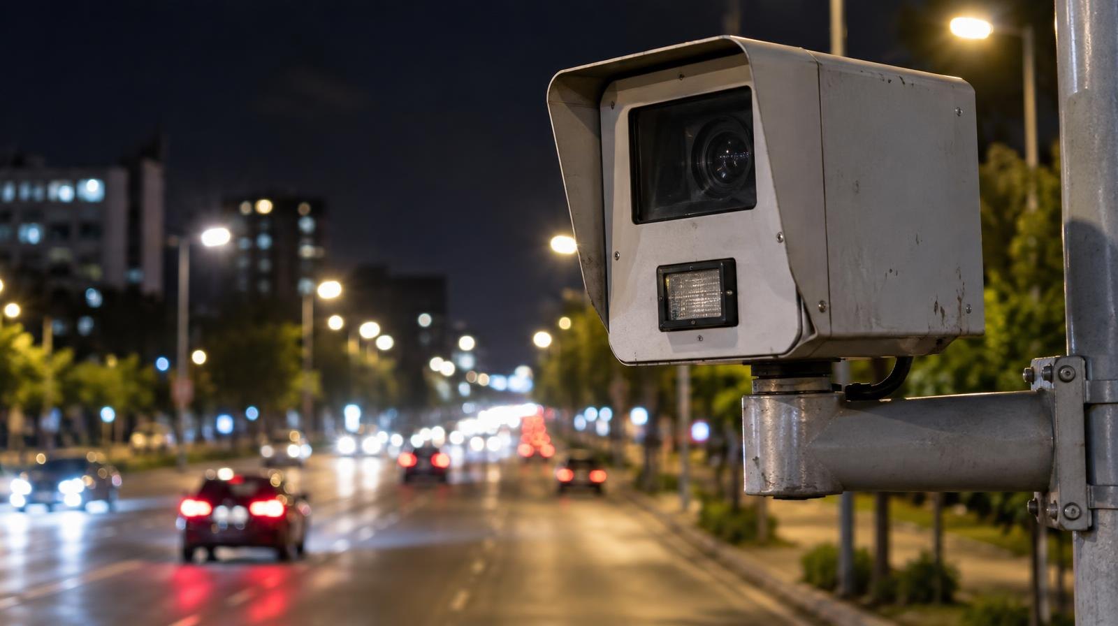 Speed enforcement camera on a pole above a lit multi-lane road at night.