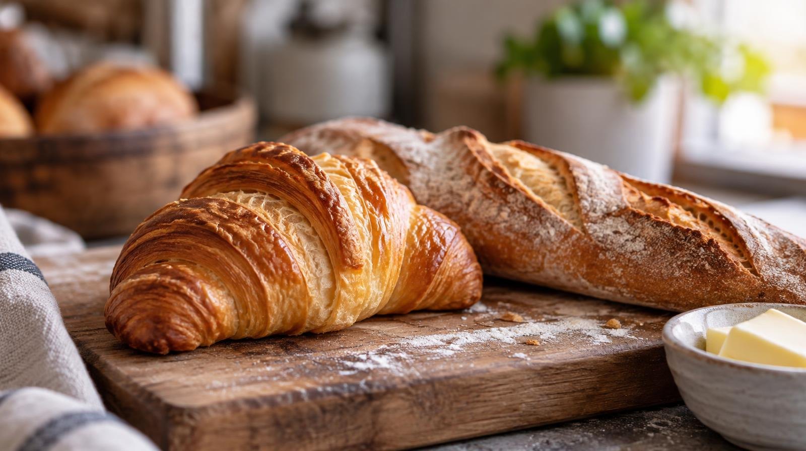 A golden croissant and a baguette on a wooden cutting board with flour and butter.