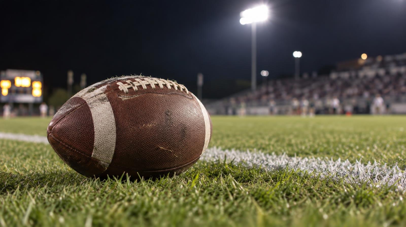 An American football resting on green grass beside a white painted yard line.