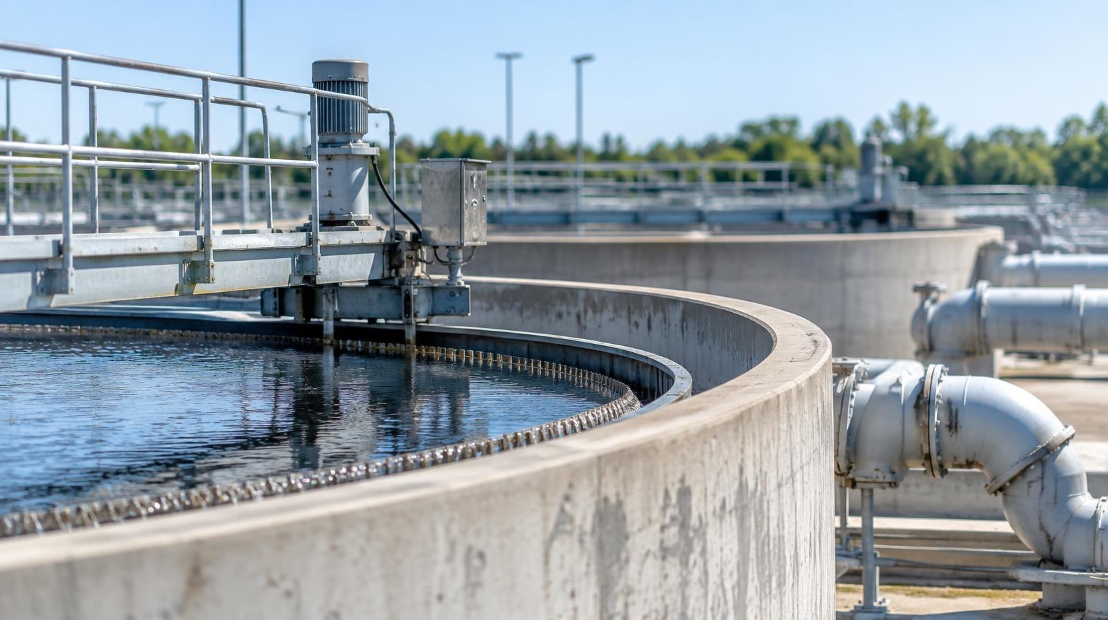 Cylindrical concrete settling tanks and industrial pipes at a water treatment facility.