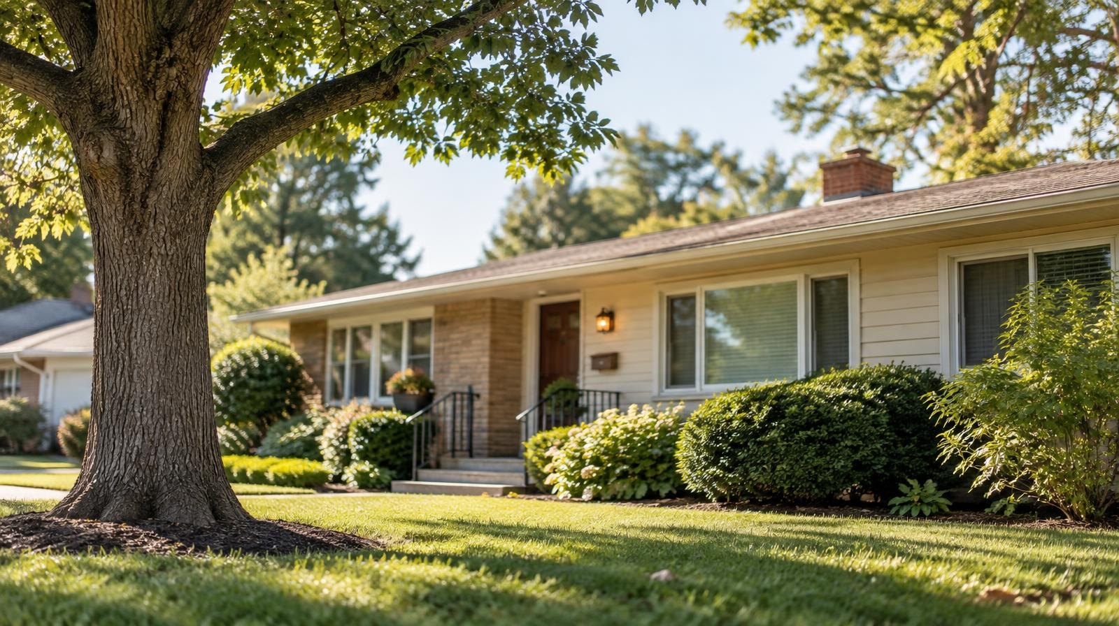 Well-preserved mid-century ranch house with a tidy front yard and mature shade tree.