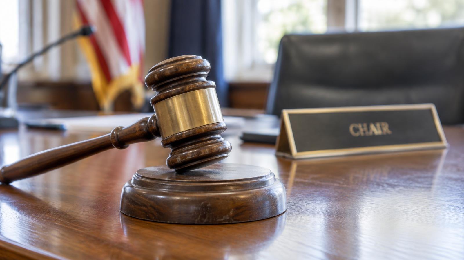 A wooden gavel resting on its sound block on a polished wooden table.