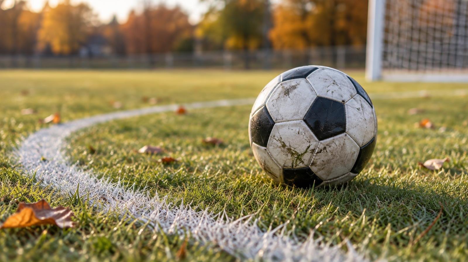 A soccer ball resting on green grass near a white painted penalty arc
