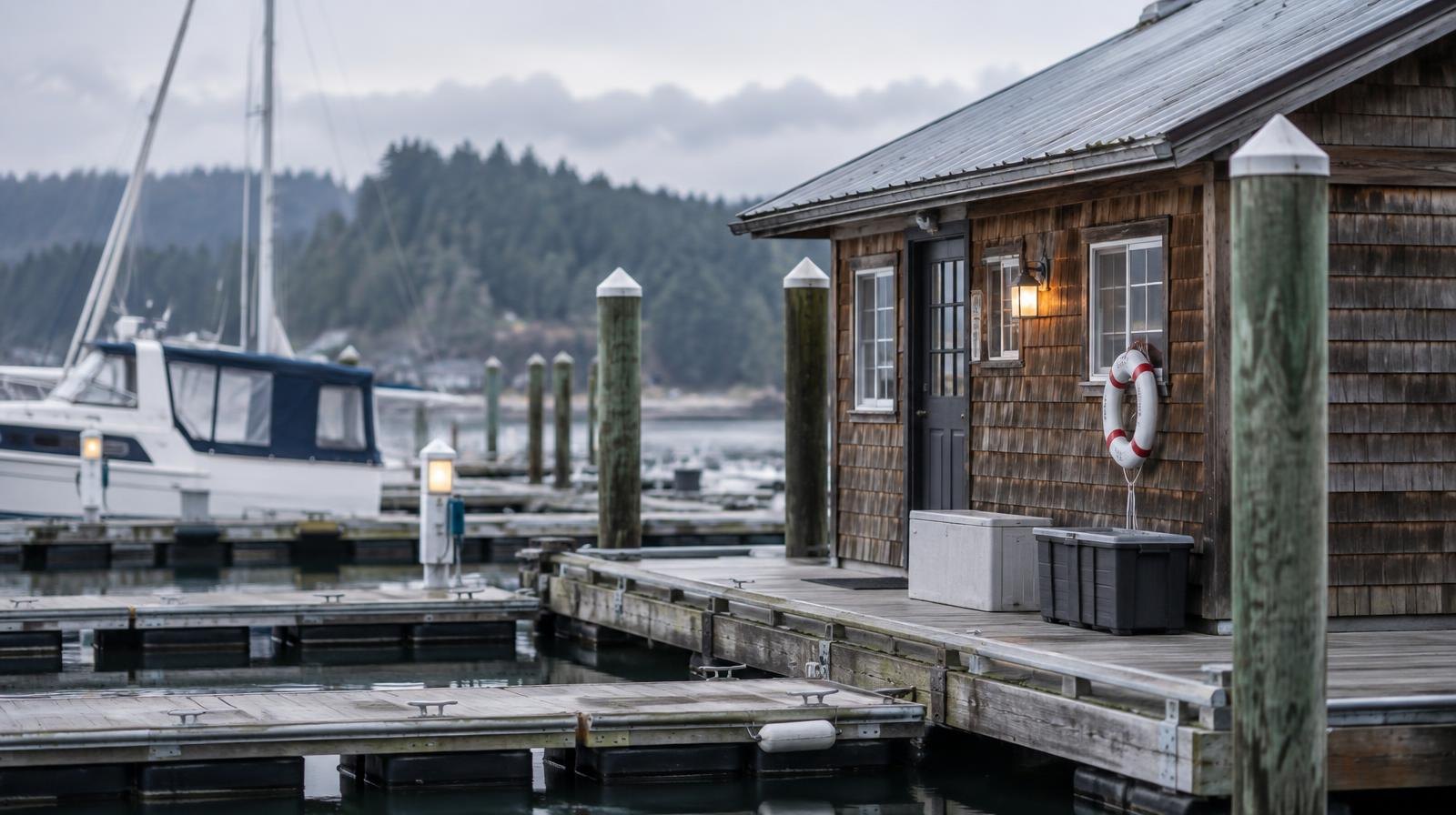 Wooden boathouse structure on a calm marina dock with floating slips.
