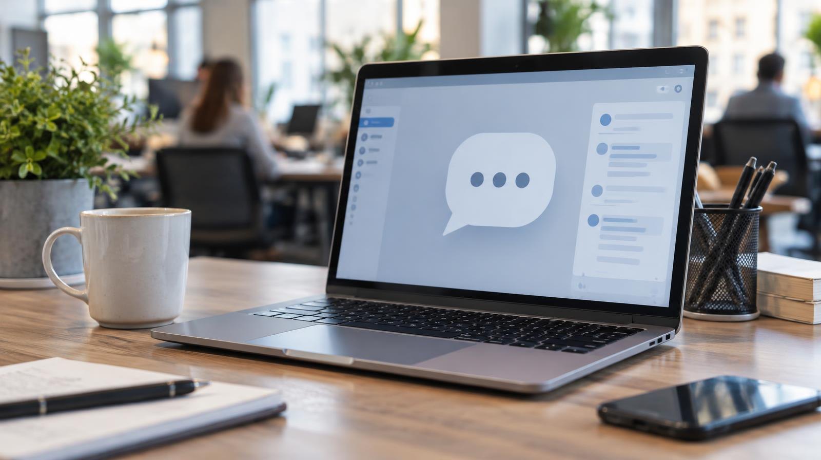 Open laptop on a modern office desk displaying a speech bubble icon.