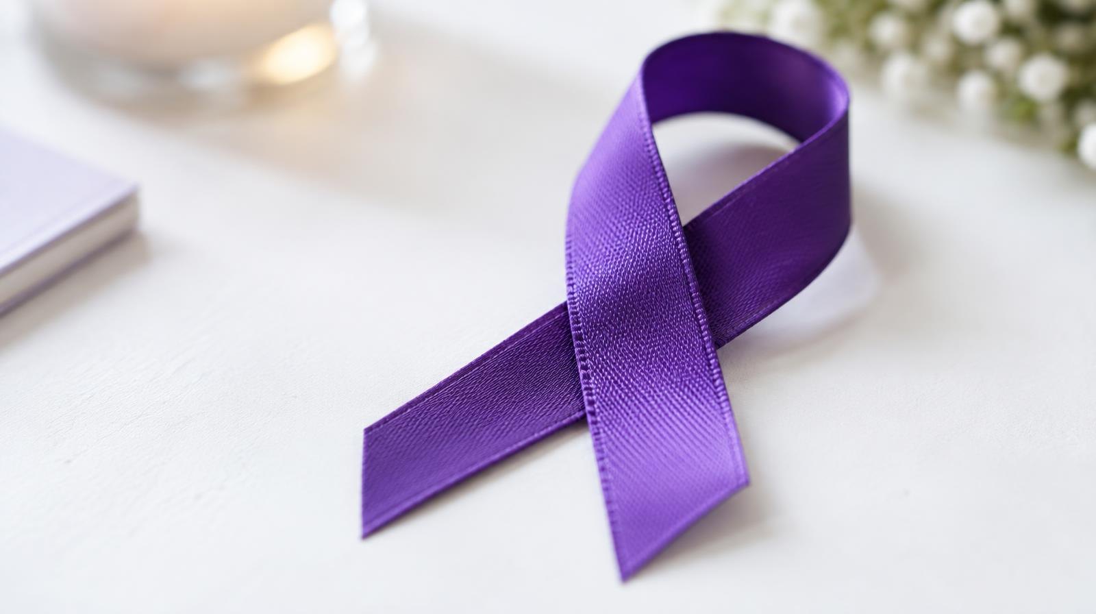 A single purple ribbon resting on a white surface in soft natural light.