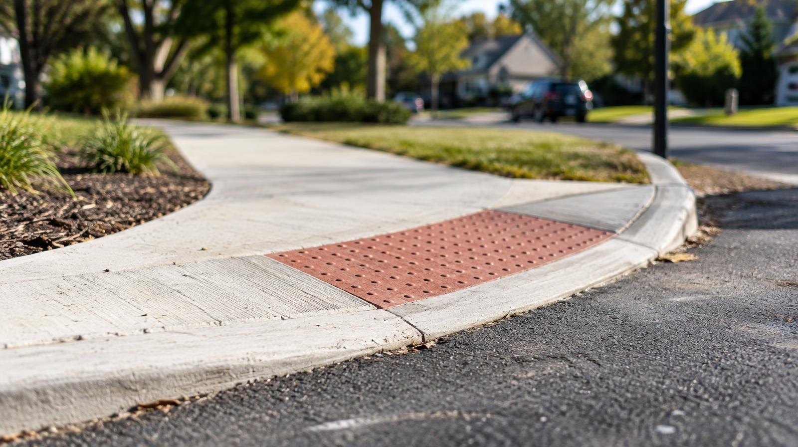 Freshly poured concrete sidewalk with a curb ramp at a sunny residential street corner.