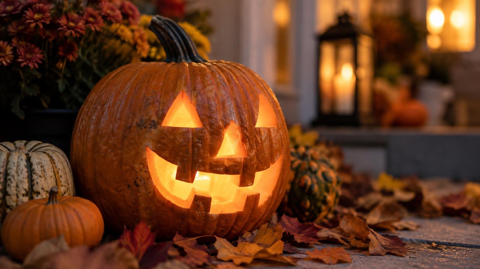 A glowing carved jack-o-lantern surrounded by autumn leaves and small gourds.