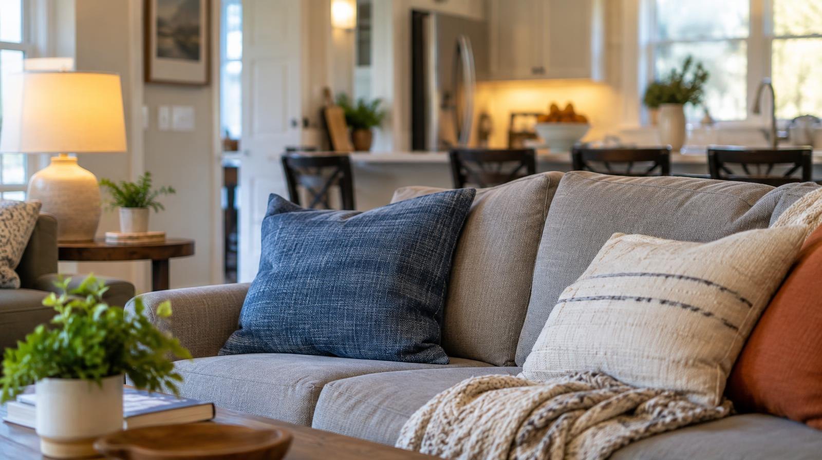 A cozy furnished living room with a sofa, warm lighting, and kitchen in the background.