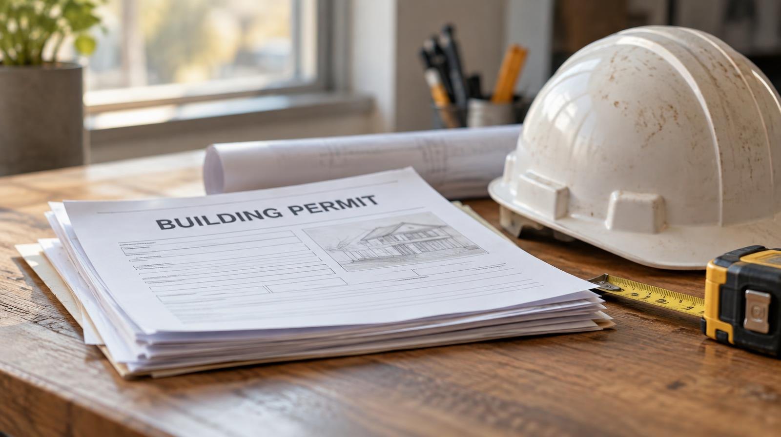 Stack of permit documents beside a yellow hard hat and measuring tape on a wooden desk.