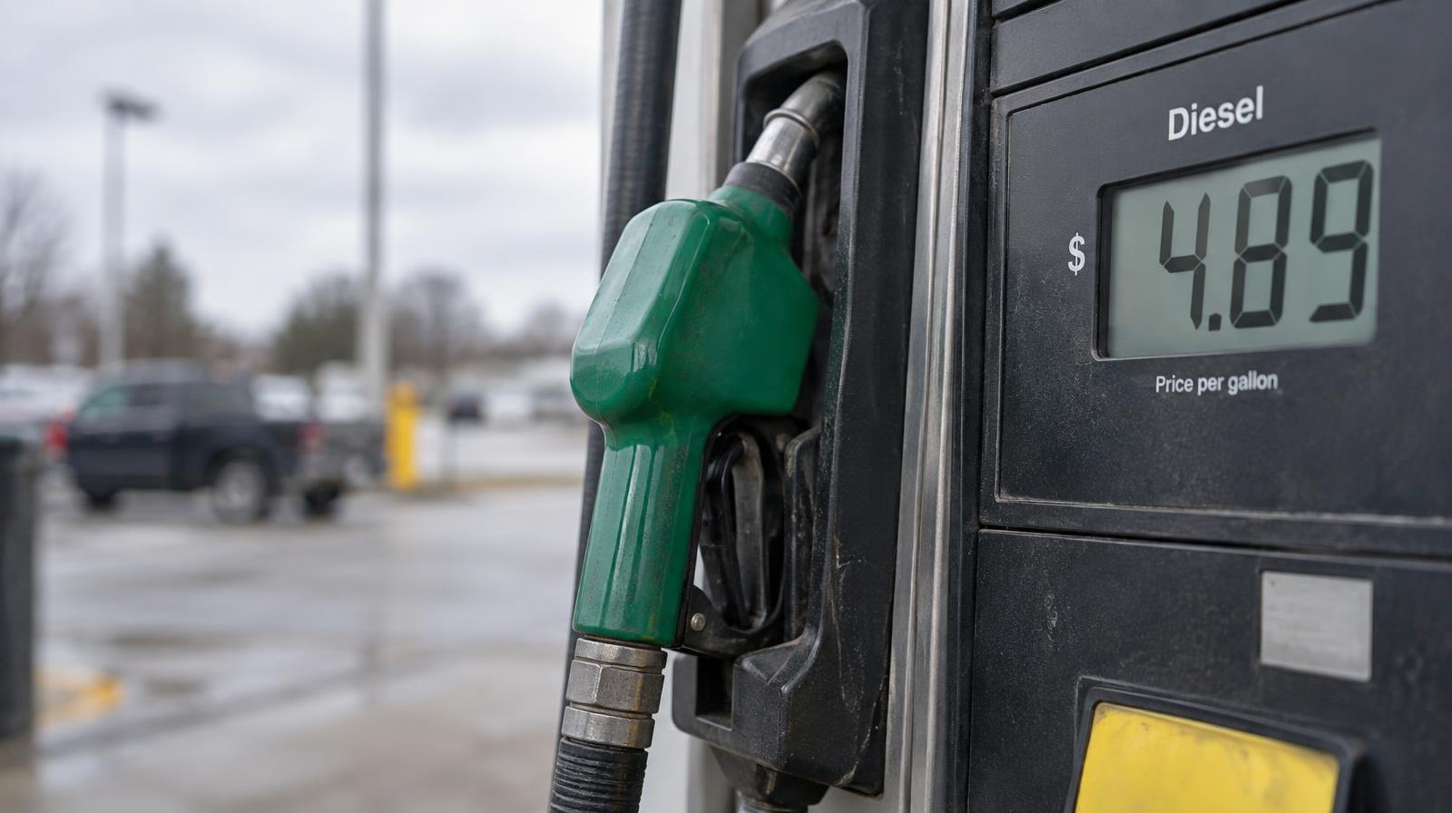 Diesel fuel pump nozzle resting in its holder at a gas station pump.