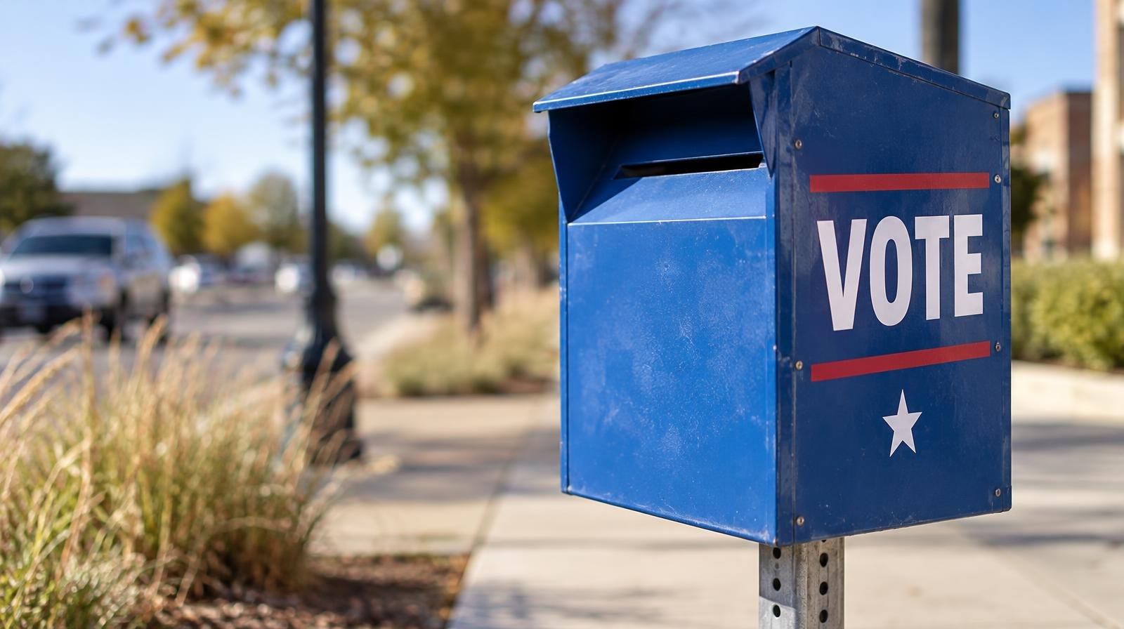 A blue official ballot drop box mounted on a metal post on a sidewalk.