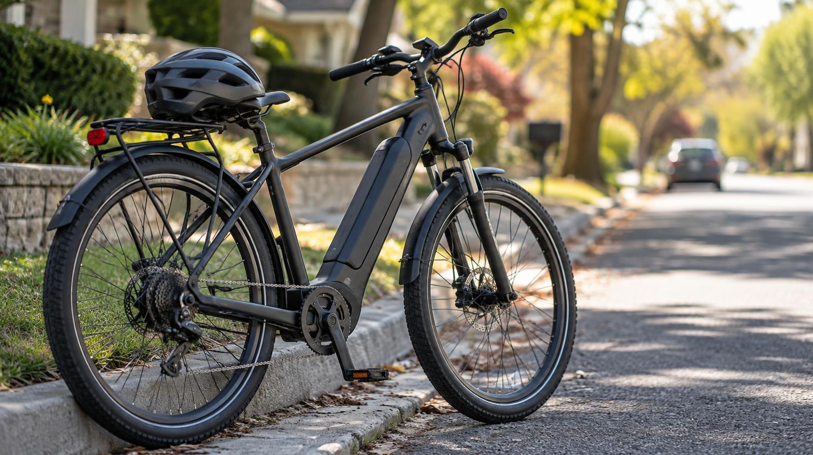 A modern electric bicycle leaning against a curb with a helmet on the seat.