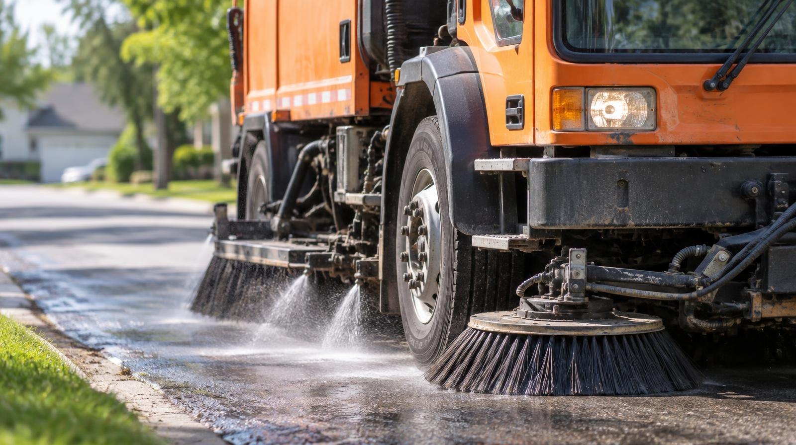 Large orange street sweeper truck with rotating brushes on a residential street.