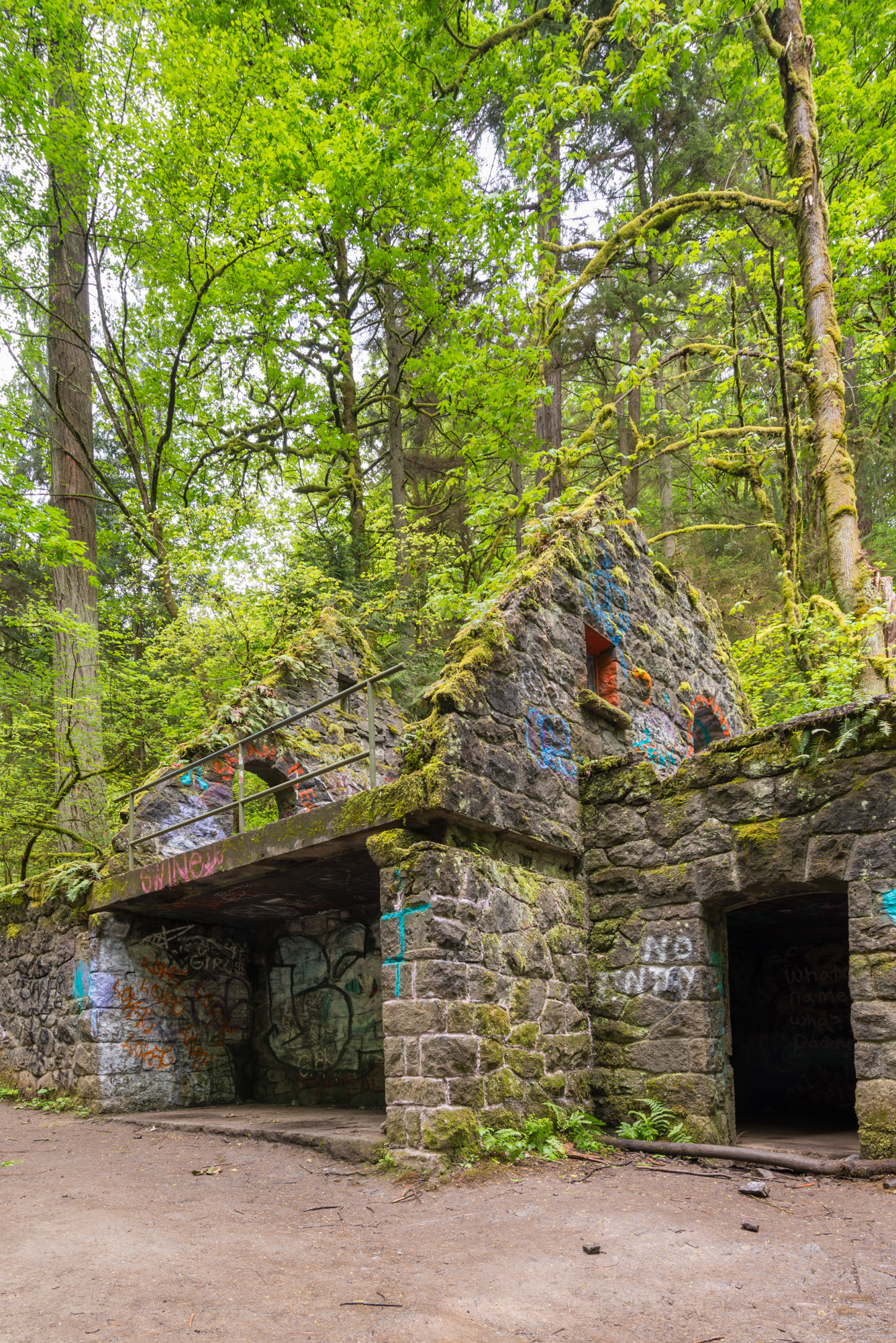 Moss-covered stone ruins with arched openings stand amid tall green forest trees.
