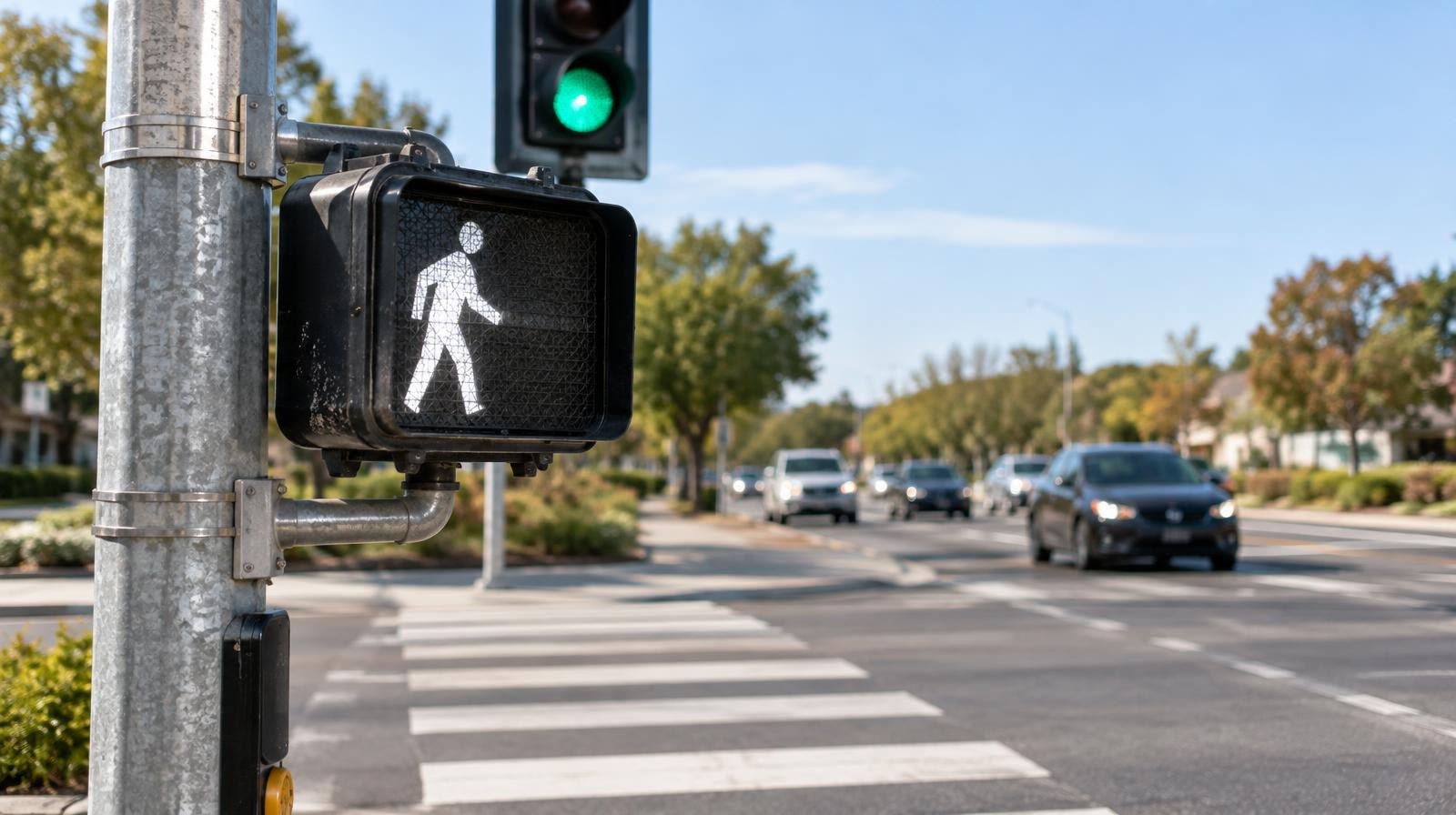 White-striped pedestrian crosswalk on a multi-lane road with a green traffic light and walk signal.