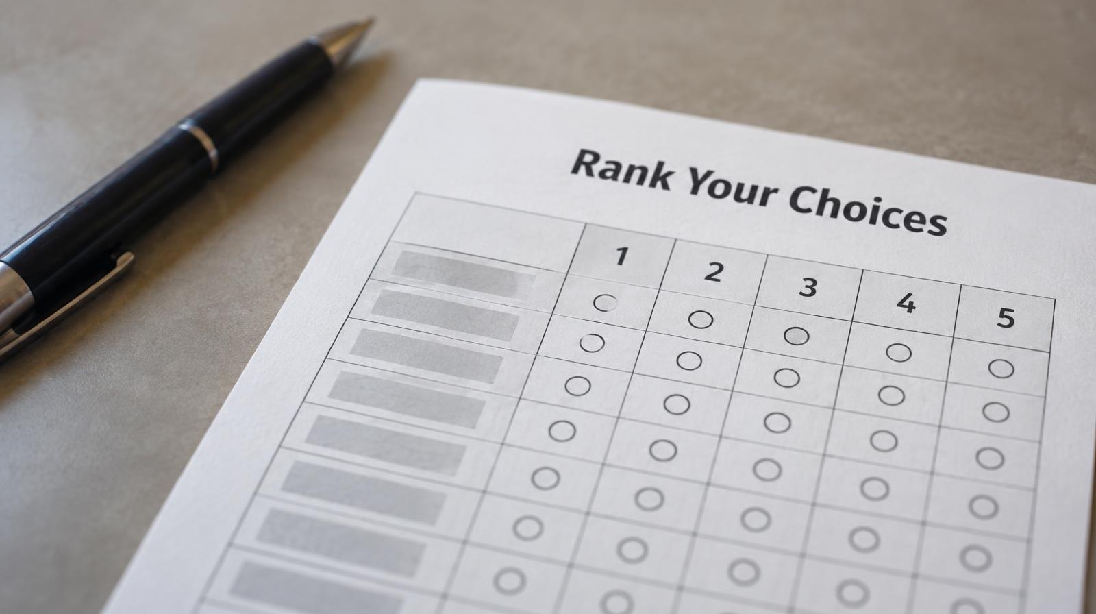 Paper ballot with numbered ranking columns next to a pen on a flat surface.