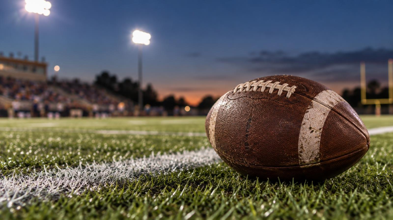 An American football resting on green grass beside a white yard line.