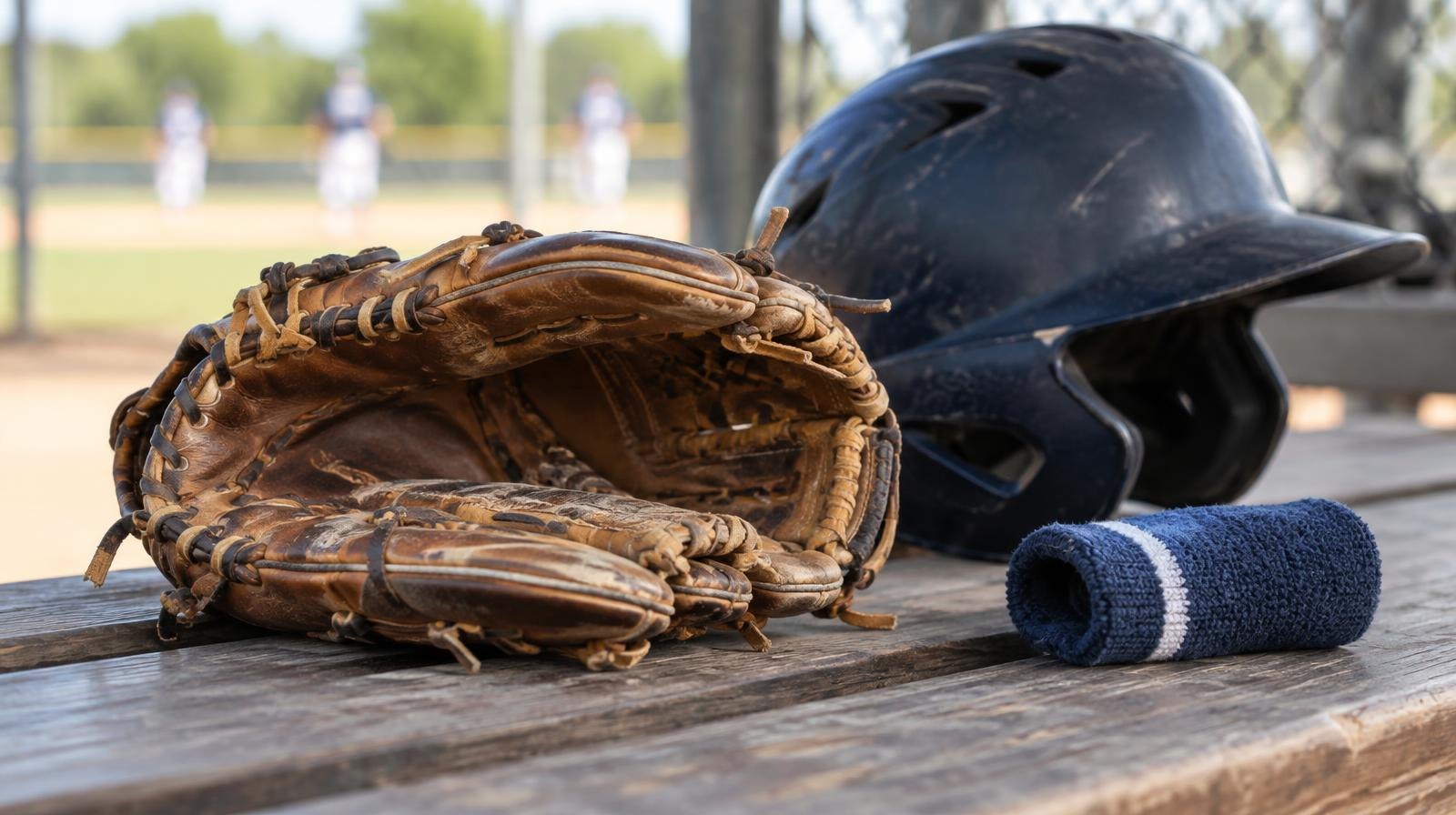 Worn baseball glove, batting helmet, and wristband resting on a wooden bench.