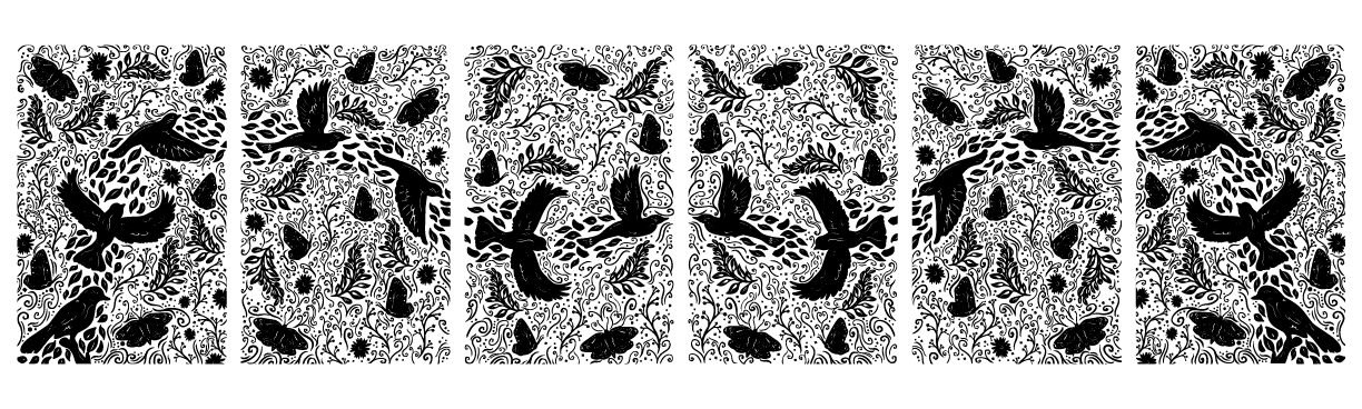 Black-and-white repeating pattern with birds, butterflies, and botanical elements across six panels.