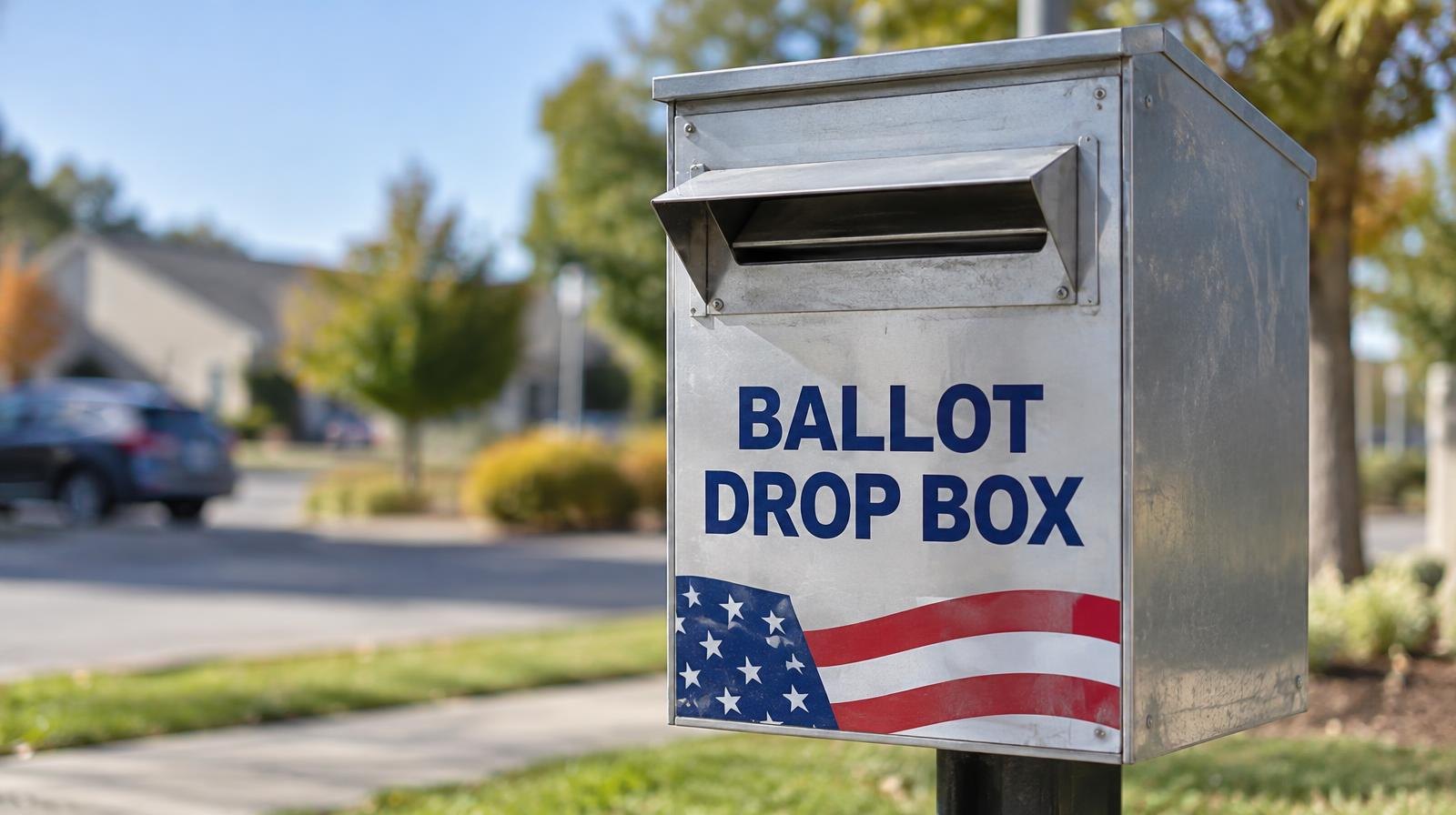 A metal ballot drop box mounted on a post outdoors under a clear sky.