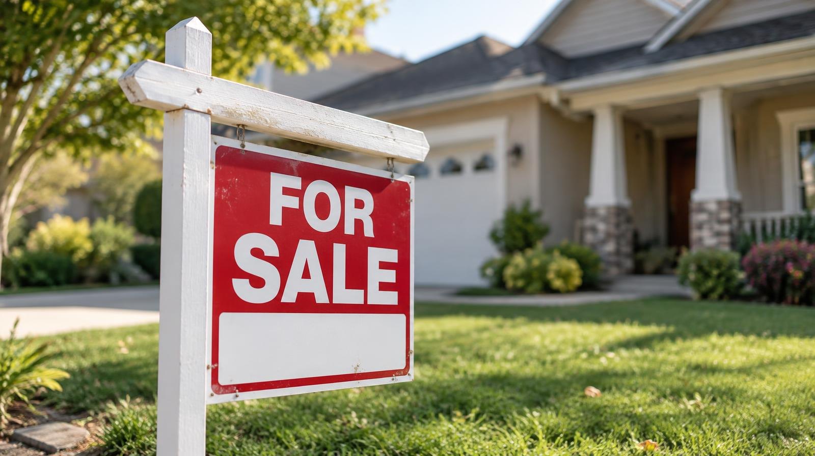 A for-sale sign planted in the green front lawn of a suburban home.