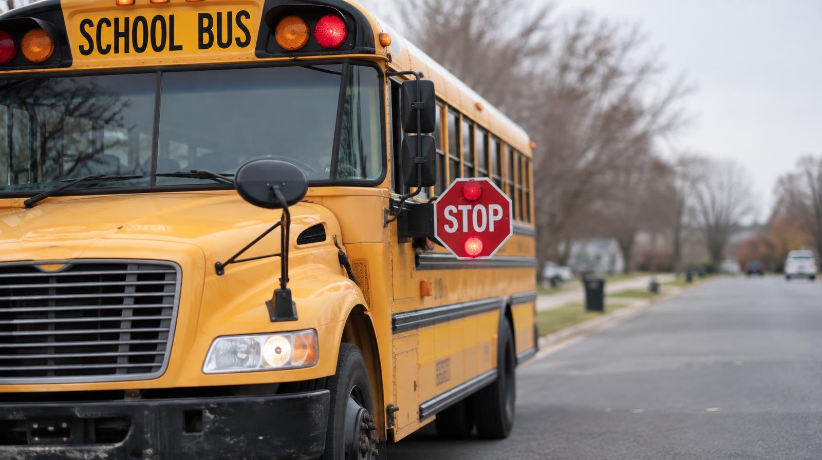 A yellow school bus parked on a suburban road with its stop arm extended.