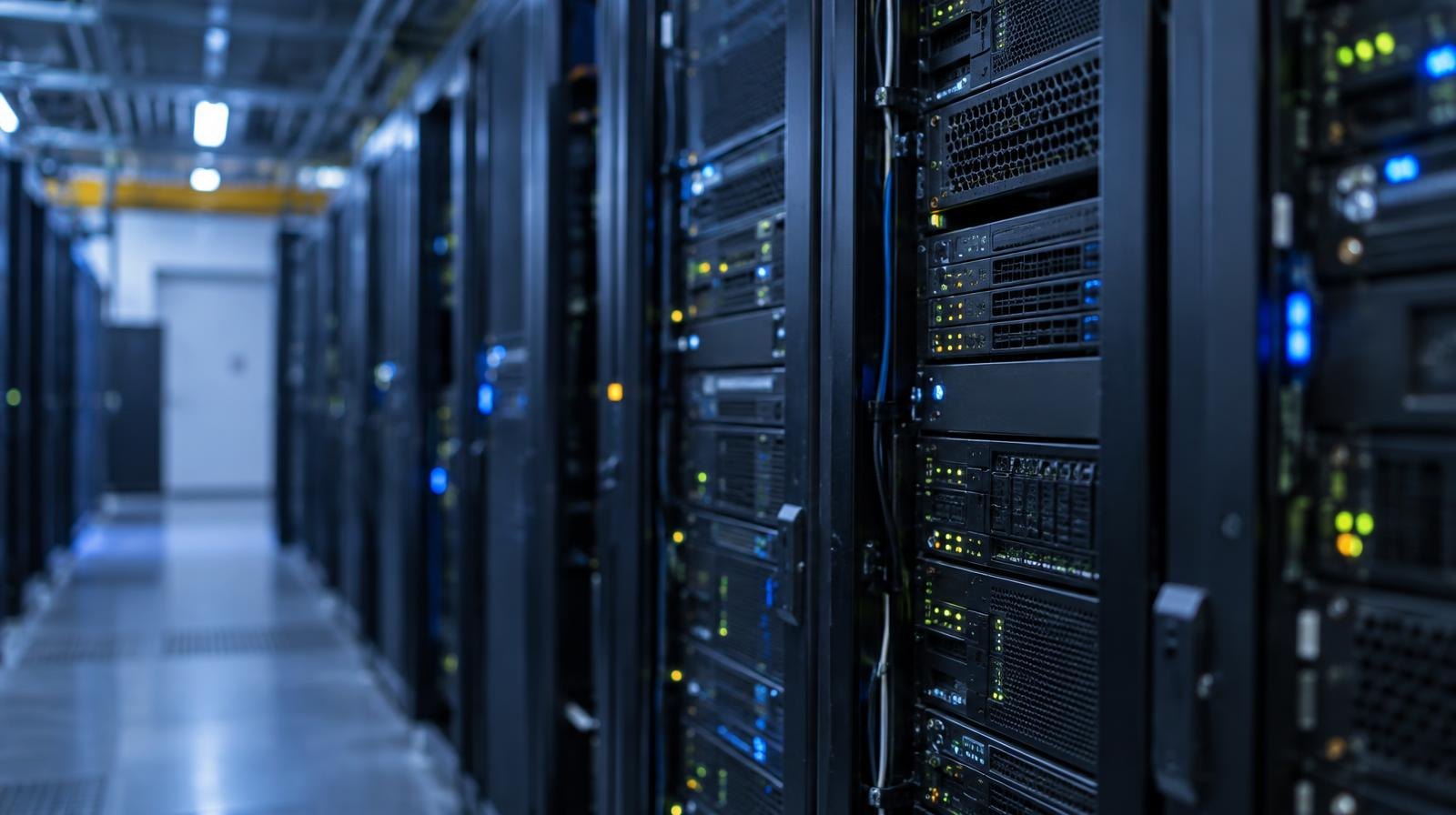 Rows of black server racks with blinking indicator lights in a data center.